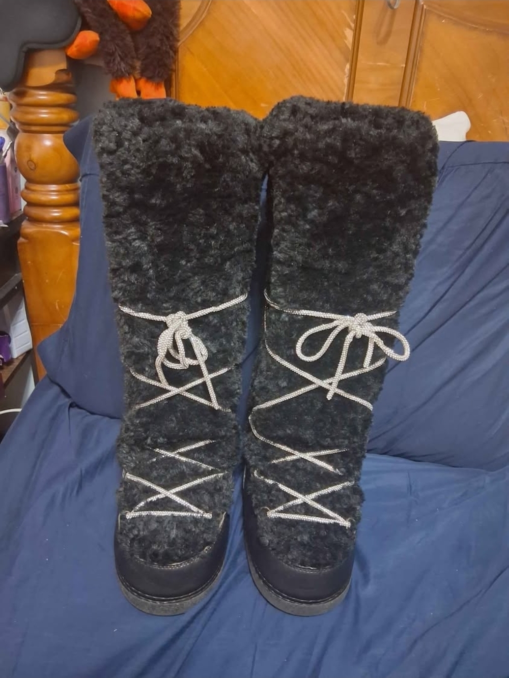 Women's Black Faux Fur Lace-Up Knee High Winter Boots